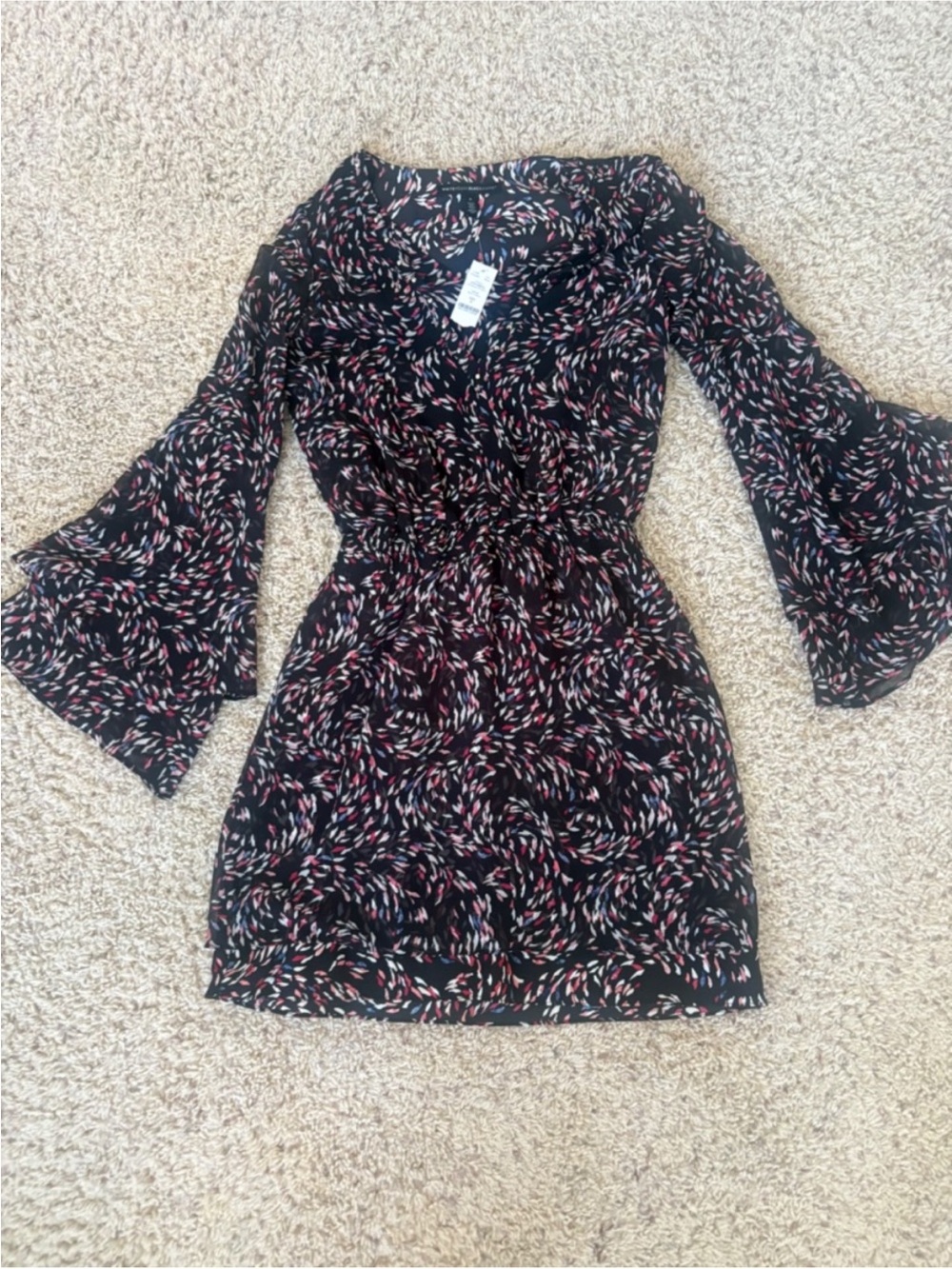 White House Black Market Black Floral Tiered Bell Sleeve Dress - Picture 2 of 3